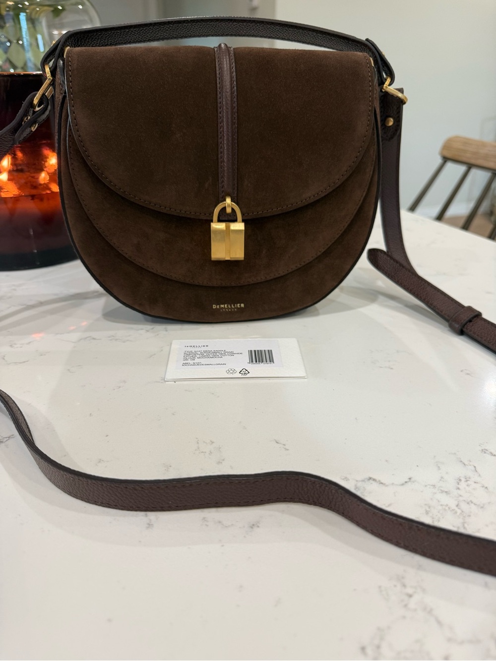 DeMellier Dark Brown Suede Saddle Crossbody with Gold Lock